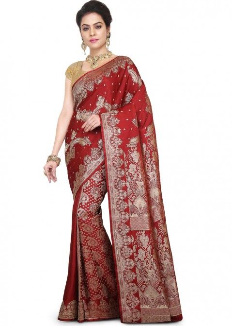 Red Pure Banarasi Silk Saree With Blouse