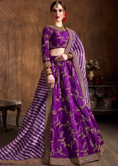 Buy Indian Embroidered Purple Lehenga Choli Online With Printed Dupatta USA