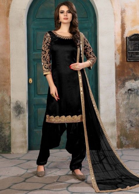 Black Embroidered Art Silk Punjabi Suit