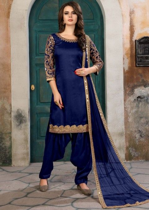 Buy Punjabi Suit USA - Royal Blue Mirror Work Punjabi Suit