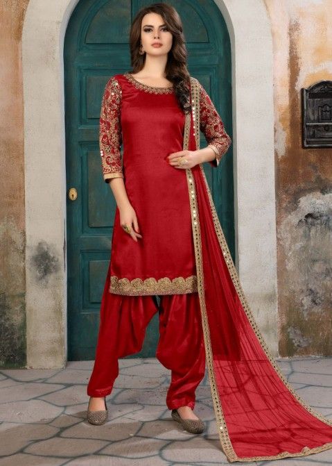 Red Embroidered Art Silk Punjabi Suit ...