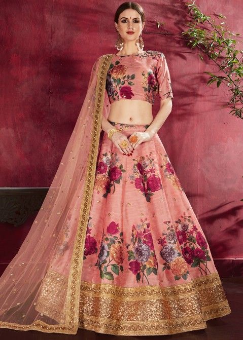 Georgette Fabric Pink Color Floral Embroidered Soothing Lehenga