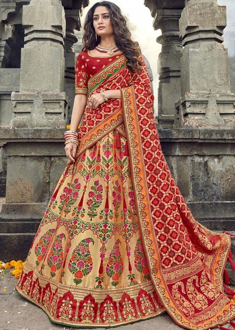 Buy Semi Stitched Banarasi brocade Lehenga With Padded Blouse And Banarasi  Dupatta at Rs. 1599 online from Fab Funda Designer Lehenga : FF-6201m