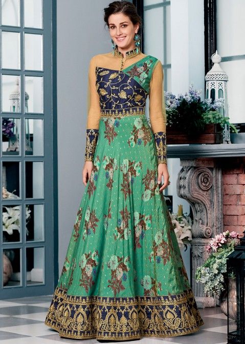 Green Embroidered Silk Printed Readymade Gown