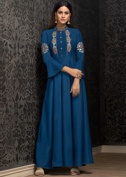 Buy Blue Bell Sleeved Readymade Long Indian Gowns Online for Party