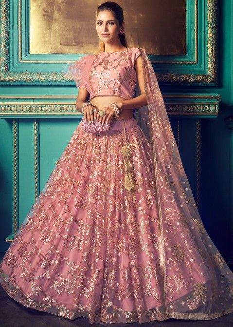 Pink Ruffled Style Sequins Embellished Lehenga Choli Online USA