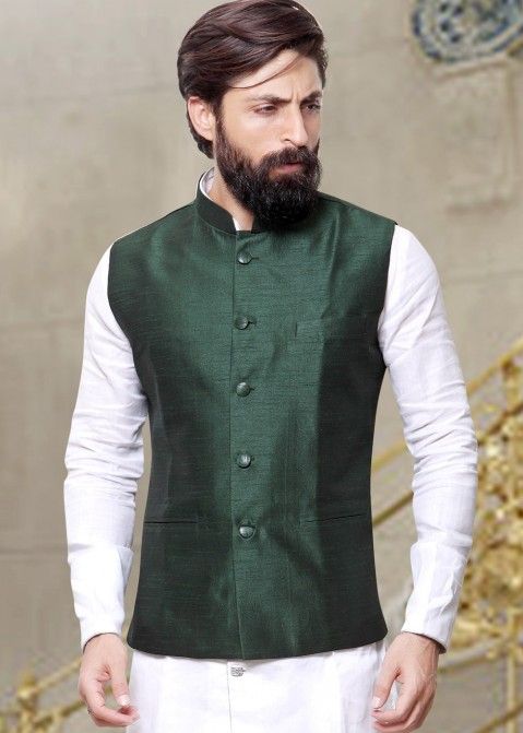 Buy Dark Green Plain Silk Designer Nehru Jacket for Men Online USA
