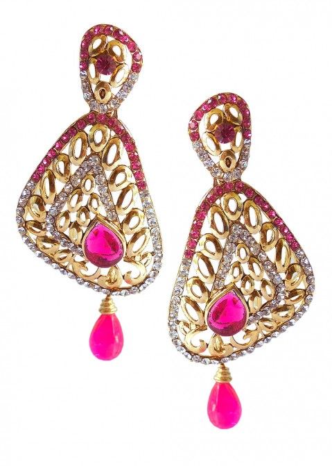 Stone Studded Pink and Golden Earrings