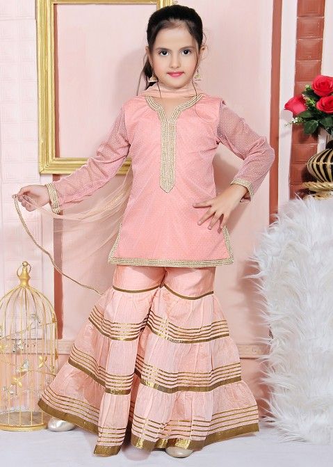 Peach Readymade Embroidered Straight Cut Kids Gharara Suit Latest 217KW09