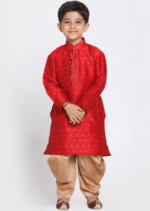 Red Cotton Silk Woven Kids Kurta With Dhoti Pant