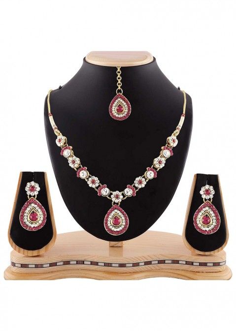 Stone Studded Golden and Pink Necklace Set