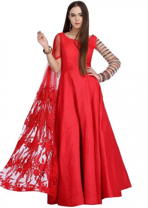 Red Readymade Embroidered Cape Sleeved Gown