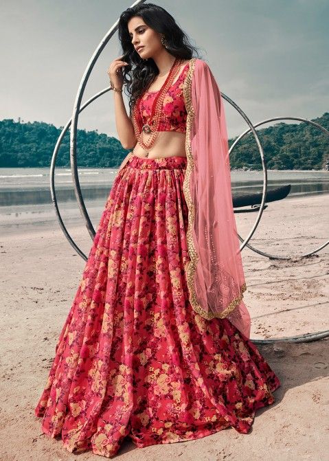 Buy Bollywood Sabyasachi Mukherjee Inspired Digital paint Red silk wedding  lehenga choli in colour f