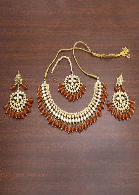 Polki Kundan and Semi Precious Orange Carnelians Necklace Set at best price  in Gurgaon