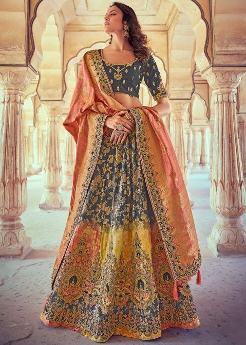 Laxmi Fashion Tafetta Silk. Multi-blue Lehenga Choli With Orange Dupatta at  Rs 1599 in Surat