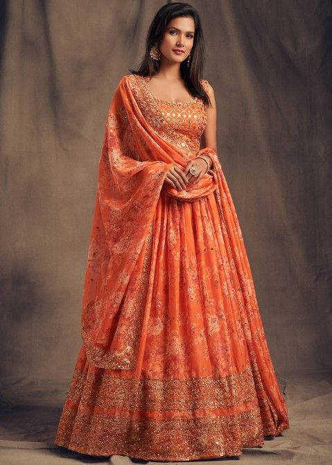 Floral Printed Orange Lehenga Choli Online In Organza USA | Panash India