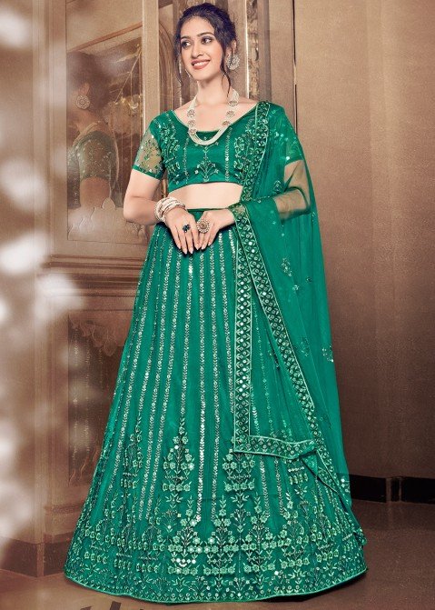 SHUBHKALA Green Silk Embellished Lehenga and Choli Set With Dupatta