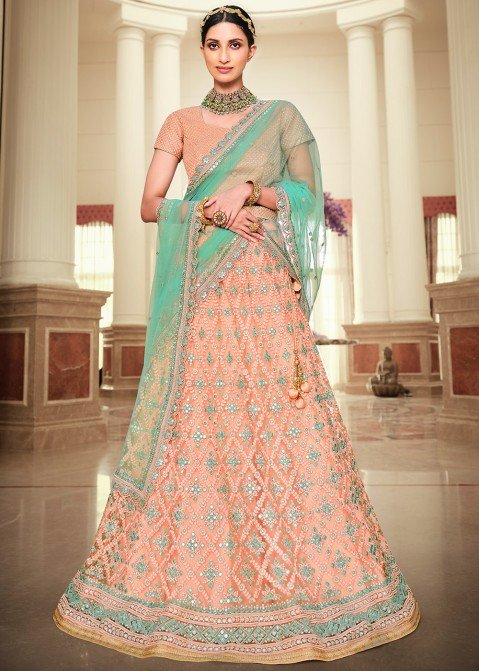 Brown & Peach Coloured Printed Semi Stitched Lehenga & Unstitched Blouse  With Dupatta - ShopGarb - 3734912