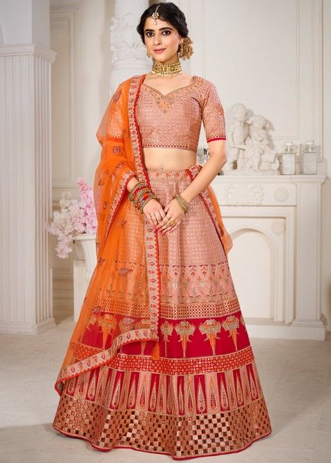 Peach And Red Embellished Lehenga/Pant Suit - Hatkay