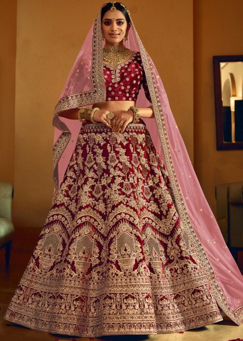 Buy Rani Pink Multi-Thread Work Velvet Bridal Lehenga Choli Online At Zeel  Clothing