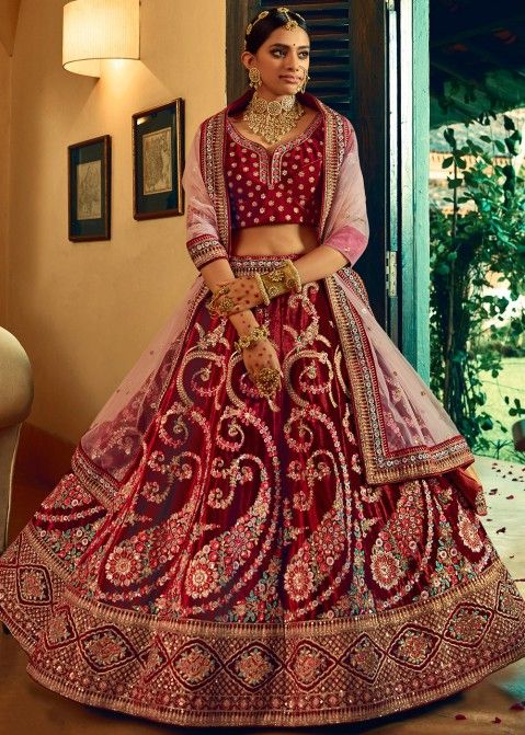 Maroon Bridal Indian Pakistani Bridal Lehenga In Velvet SRZC1101 –  ShreeFashionWear