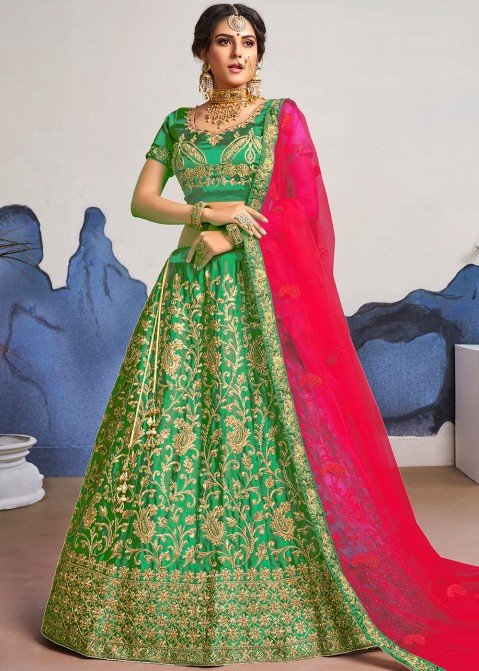 Navaratri Special Green & Pink Print Work Designer Lehenga Choli
