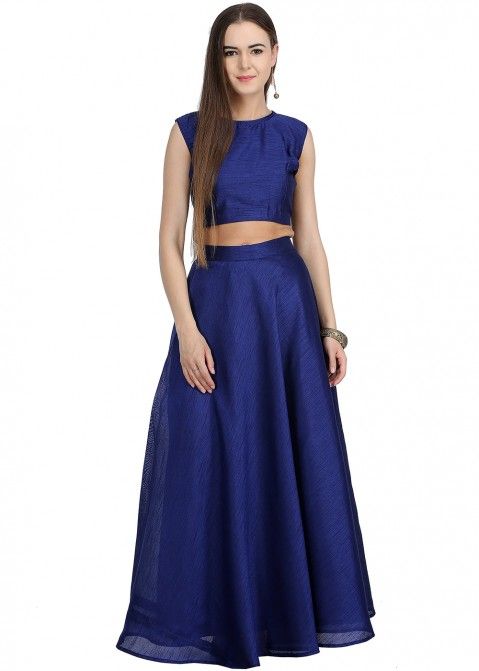 Navy Blue Readymade Dupion Silk Long Skirt Top Set
