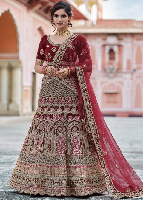 Maroon Velvet Lehenga Choli Indian Wedding Wear Lengha Chunri Lehchristmas  Gift | eBay
