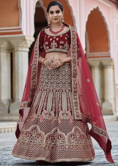 Buy Maroon Velvet Embroidery Sweetheart Neck Lehenga Set For Women by  Shehlaa Khan Online at Aza Fashions.