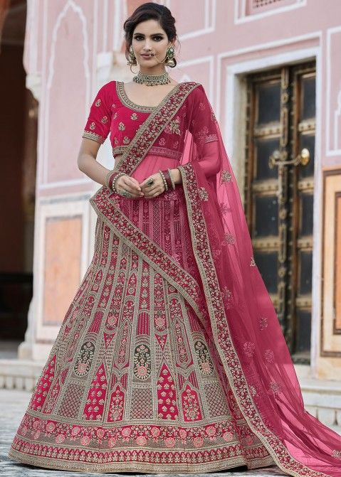 Rani Pink Embroidered Banarasi Silk Bridal Lehenga Set