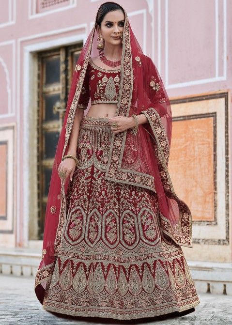 Buy Women Fuchsia Pink Zari Mughal Embroidered Bridal Lehenga And Blouse  Set With Dupattas And Belt - Reds & Pinks - Indya