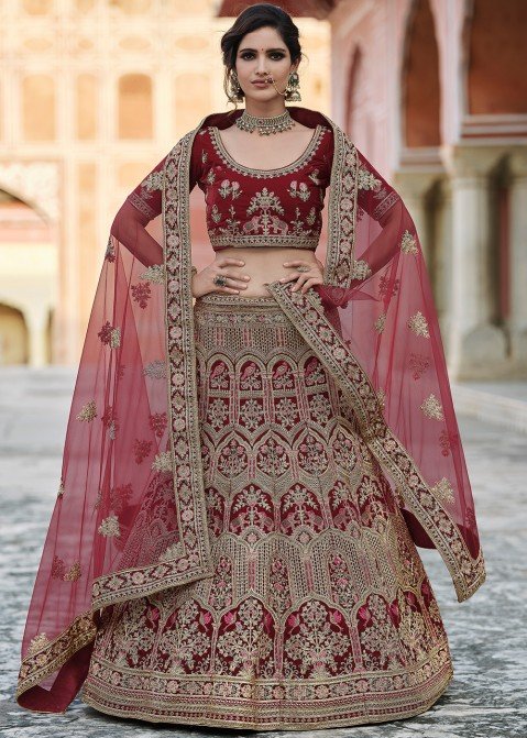 Indian Wedding Lehenga Choli in Wine Color With Sequence Embroidery in USA,  UK, Malaysia, South Africa, Dubai, Singapore