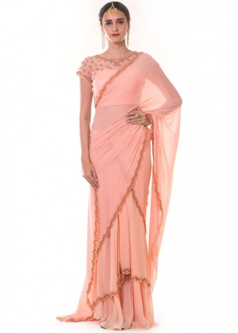 Peach Draped Style Designer Georgette Saree With Blouse