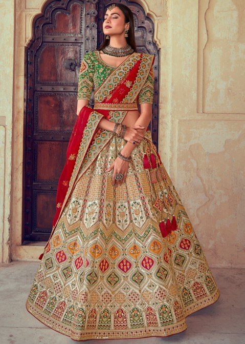 Festive, Party Wear, Reception Red and Maroon, White and Off White color Banarasi  Silk fabric Lehenga : 1895247
