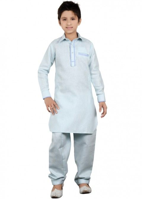 Readymade Light Blue Linen Kids Pathani Suit for Boys Online Shopping USA