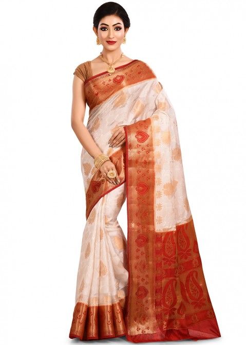 Off-White And Red Woven Indian Silk Saree