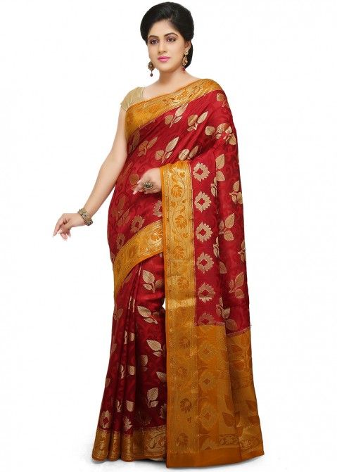Maroon And Yellow Woven Silk Saree Online USA