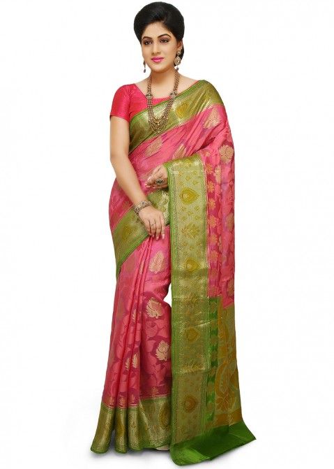 Pink And Green Woven Saree In Silk