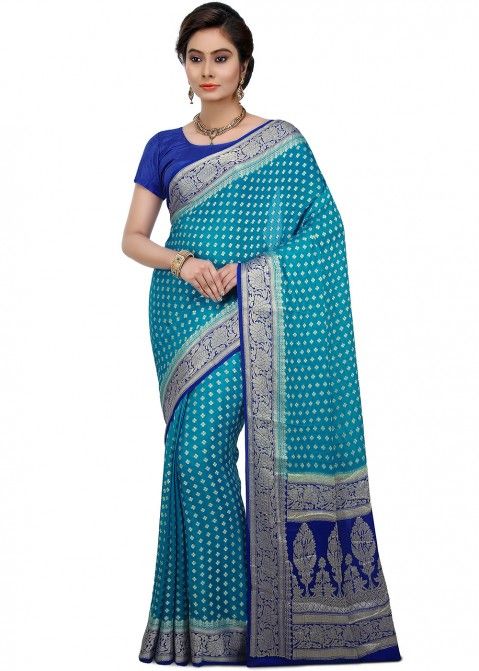 Sky Blue And Royal Blue Woven Pure Silk Saree Online