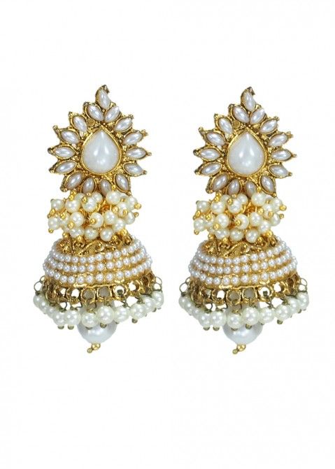 Shop White Pearl Beaded Indian Jhumka Earrings Online USA