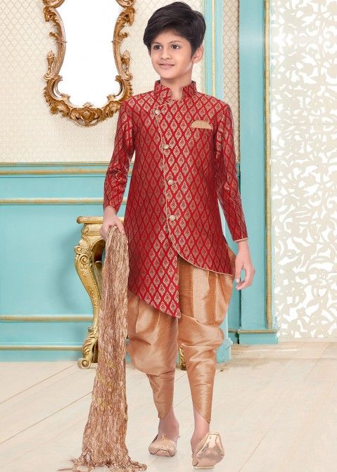 Maroon Asymmetric Woven Sherwani for Boys With Dhoti Online Panash India USA