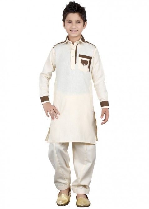Kids Ethnic Wear: Buy Readymade Cream Linen Pathani Suit for Boys