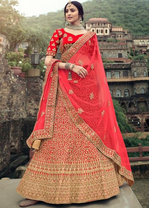 Georgette Border Work Plain Red Lehenga Choli at Rs 1,299 / Piece in Surat  | Zoya Clothing