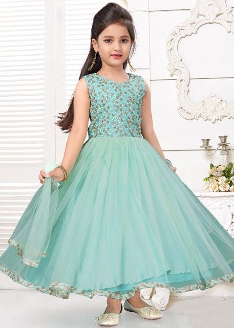 Readymade Blue Embroidered Net Kids Salwar Suit in Anarkali Style