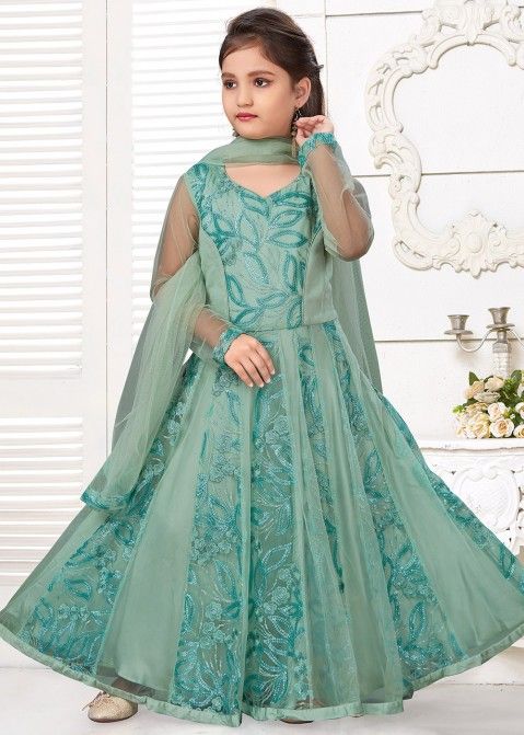 Green Readymade Embroidered Anarkali Salwar Suit for Kids