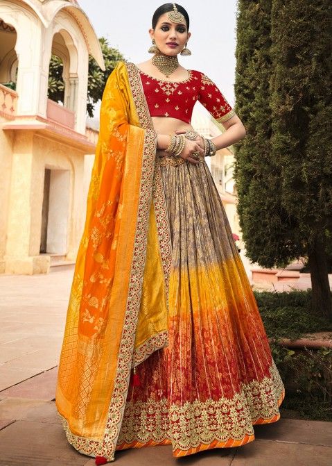 Multi Color Velvet Embroidered Wedding Wear Lehenga LLCV117438