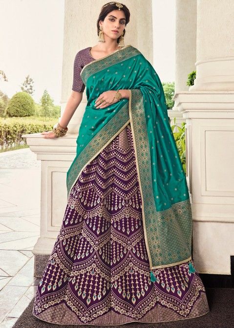 Sequins Embroidered Chinon Silk Lehenga Choli in Green - Ucchal Fashion