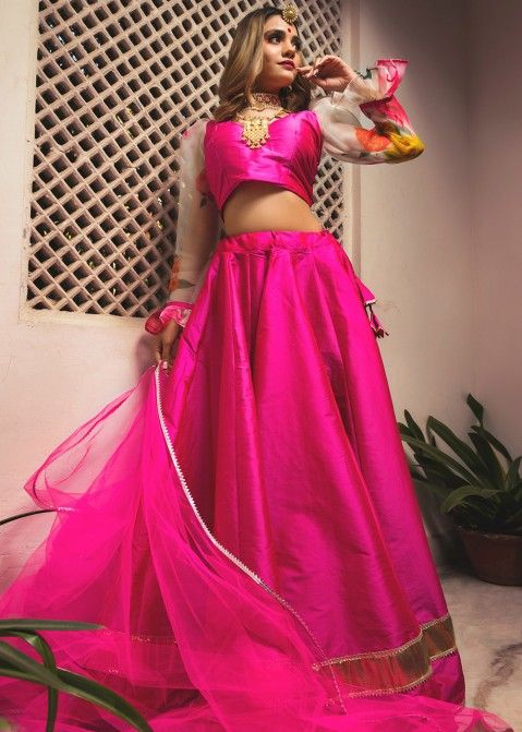 Pink Art Silk Stylish Readymade Lengha Choli With Dupatta