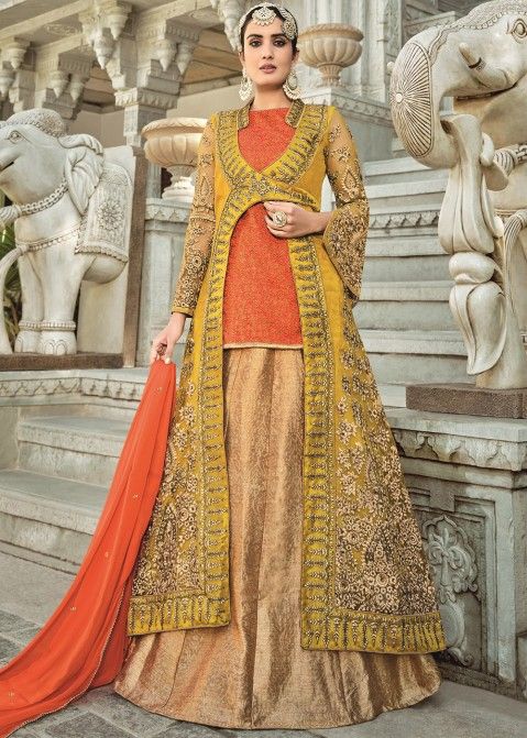 Buy Beige Kora Embroidery Floral Mandarin Collar Jacket Bridal Lehenga Set  For Women by House of Kotwara Online at Aza Fashions.