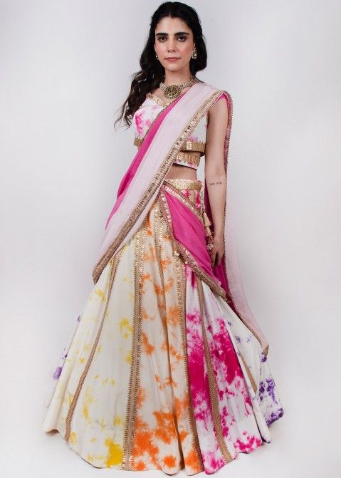 Green and yellow tie and dye choli and lehenga with dupatta - Set Of Three  by Chokhi Bandhani | The Secret Label